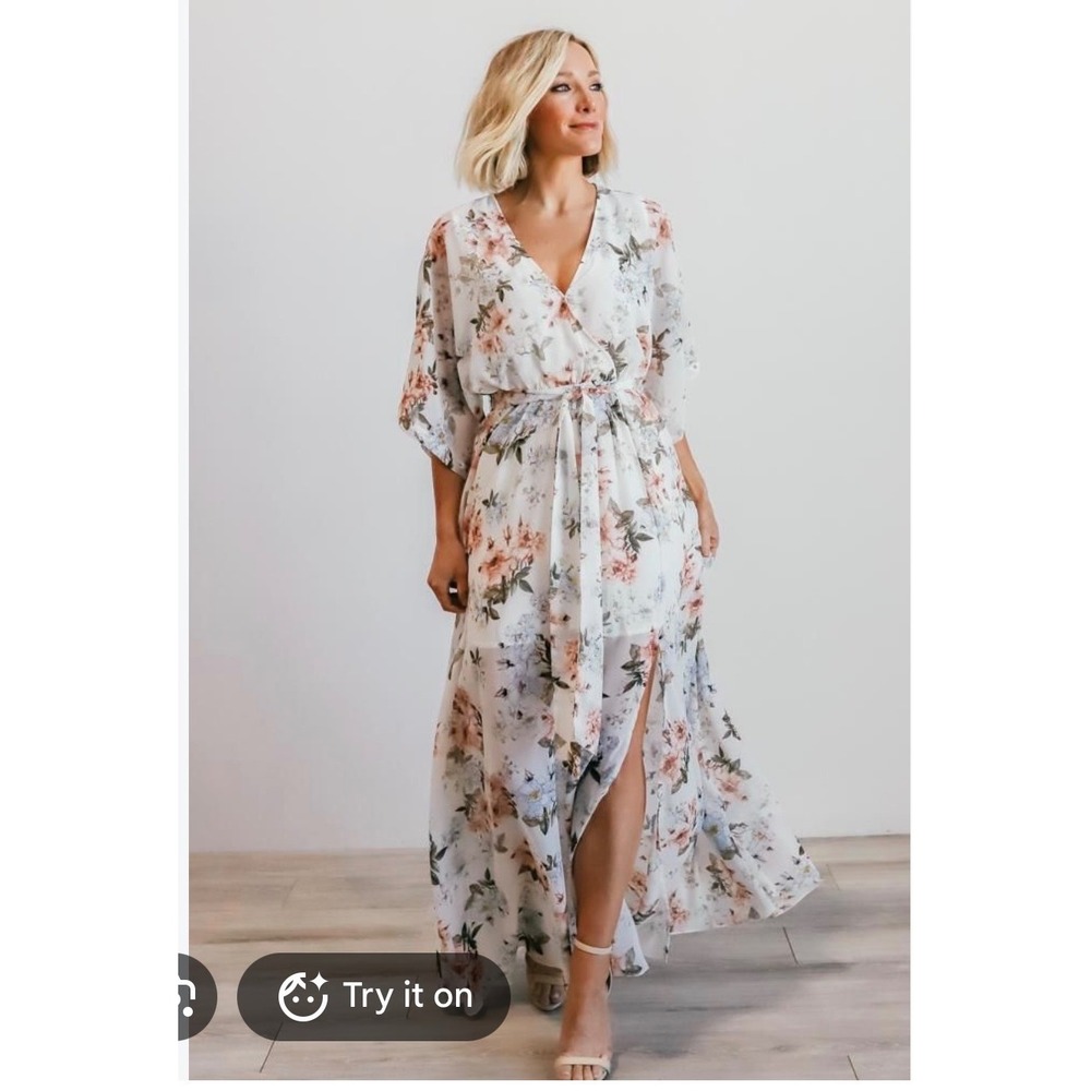 Baltic Born Floral Maxi Dress White Pink Blue Kimono Sleeve XL